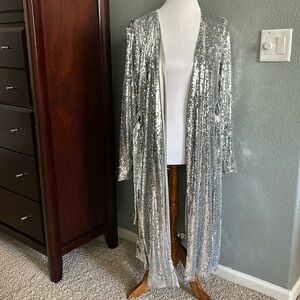 Silver sequin cardigan with belt, size M
